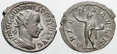 GORDIAN III Estimate $200 GORDIAN III. 238-244 AD. AR Antoninianus (4.39 gm). Antioch mint. IMP GORDIANVS PIVS FEL AVG, radiate and cuirassed bust right, seen from behind / ORIE-N-S AVG N, Sol standin