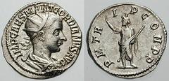 GORDIAN III Estimate $400 GORDIAN III. 238-244 AD. AR Antoninianus (4.11 gm). Antioch mint. IMP CAES M ANT GORDIANVS AVG, radiate, draped and cuirassed bust right, seen from behind / P M TR-I P CON P 