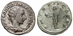 GORDIAN III Estimate $250 GORDIAN III. 238-244 AD. AR Antoninianus (3.69 gm). IMP GORDIANVS PIVS FEL AVG, radiate, draped and cuirassed bust right, seen from behind / P M TR P II COS P P, Providentia 