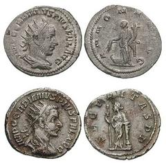 GORDIAN III Estimate $200 GORDIAN III. 238-244 AD. Lot of two unpublished antoniniani. Includes the following: Posthumous hybrid issue. 'Antioch' mint. Annona reverse of Philip I. RIC IV 231. VF, poro