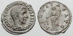 GORDIAN III Estimate $400 GORDIAN III. 238-244 AD. AR Denarius (2.29 gm). IMP GORDIANVS PIVS FEL AVG, laureate, draped and cuirassed bust right, seen from behind / A-EQVITAS AVG, Aequitas standing lef