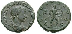 GORDIAN III Estimate $250 GORDIAN III. 238-244 AD. Æ As (9.67 gm). IMP CAES M ANT GORDIANVS AVG, laureate, draped and cuirassed bust right / VIRTVS AVG, S C across field, Virtus advancing right, holdi