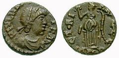 MAJORIAN Estimate $1500 MAJORIAN. 457-461 AD. Æ 15mm (1.52 gm). Milan mint. D N IVL MAJ[ORIANVS] P F AVG, diademed, draped and cuirassed bust right / VICTORI-A AVGGG, Victory advancing left, holding w