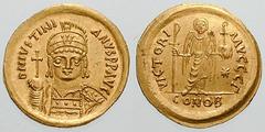 JUSTINIAN I. Estimate $2000 JUSTINIAN I. 527-565 AD. AV Solidus (4.48 gm). Struck 552-565 AD. Sicilian mint. D N IVSTINI-ANVS P P AVG, helmeted and cuirassed facing bust, holding globus cruciger and s
