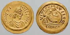 JUSTIN II. Estimate $750 JUSTIN II. 565-578 AD. AV Semissis (2.23 gm). Sicilian mint. D N IVSTI-NVS P P AVG, diademed, draped and cuirassed bust right / VICTORIA AVGGG, Victory seated right, inscribin