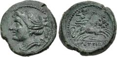 Greek BRUTTIUM, The Brettii. Circa 211-208 BC. Æ Half – Triobol (16.5mm, 3.88 g, 9h). Second Punic War issue. Winged bust of Nike left, wearing stephane / Zeus driving biga right; plow below. Scheu, B