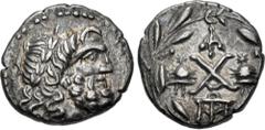 Greek ACHAIA, Achaian League. Lakedaimon (Sparta). Circa 85 BC. AR Triobol – Hemidrachm (14.5mm, 2.42 g, 10h). Laureate head of Zeus right / Achaian League monogram; monogram above, piloi of the Diosk