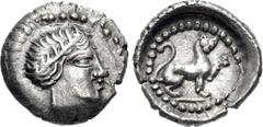 Greek LYCIA, Tlos. Circa 400–380 BC. AR Hemiobol (8.5mm, 0.33 g, 3h). Head of Apollo right, wearing tainia / Lion seated right, head facing, raising forepaw, within incuse circle. Müseler VII, 17; oth