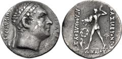 Oriental Greek BAKTRIA, Greco-Baktrian Kingdom. Agathokles Dikaios. Circa 185-175 BC. AR Tetradrachm (30mm, 16.44 g, 12h). Commemorative issue struck for Antiochos III of Syria. ANTIOXOY to right, NIK