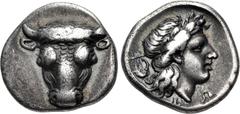 Greek PHOKIS, Federal Coinage. Circa 352-351 BC. AR Triobol (14mm, 2.80 g, 12h). Phayllos, strategos. Facing head of bull / Laureate head of Apollo right; chelys to left. Williams 386 (O261/R231); BCD