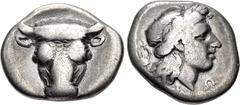Greek PHOKIS, Federal Coinage. Circa 352-351 BC. AR Triobol (15mm, 2.64 g, 11h). Phayllos, strategos. Facing head of bull / Laureate head of Apollo right; chelys to left. Williams 386 (O261/R231); BCD