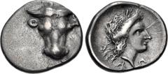 Greek PHOKIS, Federal Coinage. Circa 347-346 BC. AR Triobol (16mm, 2.64 g, 1h). Struck under the triumvirate that replaced the strategos Phalaikos. Facing head of bull / Laureate head of Apollo right.