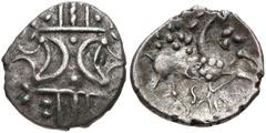 CELTIC, Iceni. Prasutagus. Circa AD 50-60. AR Unit (12mm, 1.18 g, 3h). Saenu type. Two opposed crescents with pellets between, superimposed upon band of three lines surrounded by two lines of pellets 