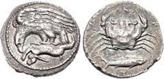 Greek SICILY, Akragas. Circa 420-410 BC. AR Hemidrachm (15mm, 1.93 g, 12h). Eagle standing left on, and tearing at, hare / Crab; below, fish right. Westermark, Coinage, Period III, 548.14 (O7/R9 – thi
