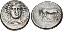Greek THESSALY, Larissa. Circa 400-370 BC. AR Drachm (17.5mm, 6.18 g, 4h). Obverse die signed by Simo–. Head of the nymph Larissa facing slightly right; [ΣIMO above] / Horse grazing right. L-S Group 3