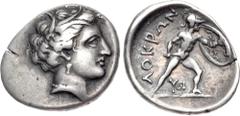 Greek LOKRIS, Lokri Opuntii. Circa 300 BC. AR Hemidrachm – Triobol (16.5mm, 2.67 g, 12h). Wreathed head of Demeter right / Ajax, nude but for Corinthian helmet, advancing right on ground, holding shor