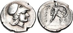 Greek LOKRIS, Lokri Opuntii. Circa 300-275 BC. AR Hemidrachm – Triobol (16mm, 2.77 g, 6h). Helmeted head of Athena right / Ajax, nude but for Corinthian helmet, advancing right, holding short sword an