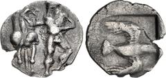 Greek IONIA, Magnesia ad Maeandrum(?). Circa 459-450 BC. AR Trihemiobol(?) (12.5mm, 0.89 g, 1h). Attic standard. Male figure standing facing, head left, extending right arm to a horse standing facing,