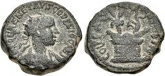 Roman Provincial JUDAEA, Caesarea Maritima. Herennius Etruscus. As Caesar, 249-251 CE. Æ (24mm, 13.66 g, 12h). Radiate, draped, and cuirassed bust right, seen from the front / Altar; date palm and oli
