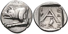 ARGOLIS, Argos. Circa 90-40 BC. AR Hemidrachm (14mm, 1.93 g, 3h). Hieron, magistrate. Forepart of wolf at bay left / Large A; magistrate’s name in three lines across field; below, eagle standing right