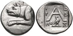 ARGOLIS, Argos. Circa 90-40 BC. AR Hemidrachm (14mm, 2.17 g, 9h). Hieron, magistrate. Forepart of wolf at bay left / Large A; magistrate’s name in three lines across field; below, eagle standing right