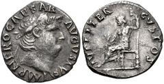 Nero. AD 54-68. AR Denarius (17mm, 3.08 g, 5h). Rome mint. Struck circa AD 66-67. Laureate head right / Jupiter seated left, holding scepter and thunderbolt. RIC I 64; RSC 121. Near VF, scratch on rev