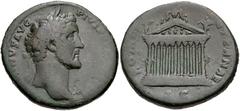 Antoninus Pius. AD 138-161. Æ Sestertius (32mm, 23.76 g, 10h). Rome mint. Struck circa AD 141-143. Laureate head right / Decastyle temple, with statues on roof and in pediment. RIC II 622. Good Fine, 