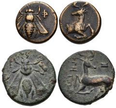 GREEK. Asia Minor. Lot of Two (2) Æ of Ionia, Ephesos. Includes: Circa 387-295 BC. Æ 11mm. Bee / Forepart of stag right, head left. SNG Copenhagen 244 // Circa 387-295 BC. Phreton, magistrate. Æ 15mm.