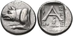 ARGOLIS, Argos. Circa 90-40 BC. AR Hemidrachm (15mm, 2.23 g, 2h). Hieron, magistrate. Forepart of wolf at bay left / Large A; magistrate’s name across field; below, eagle standing right; all within in