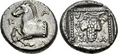 Greek THRACE, Maroneia. Circa 377-365 BC. AR Triobol (14mm, 2.72 g, 9h). Forepart of horse left; K-A-Λ around / Grape bunch on vine within dotted linear square; all within shallow incuse square. Schön