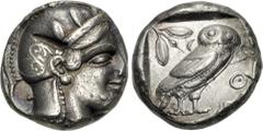 Greek ATTICA, Athens. Circa 454-404 BC. AR Tetradrachm (22.5mm, 17.18 g, 10h). Helmeted head of Athena right, with frontal eye / Owl standing right, head facing, closed tail feathers; olive spray and 