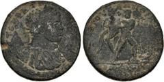 Roman Provincial MYSIA, Pergamum. Caracalla. AD 198-217. Æ (32mm, 18.19 g, 1h). Julius Anthimos, strategos. Laureate, draped, and cuirassed bust right, seen from the front / Herakles standing right, h
