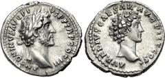 Roman Imperial Antoninus Pius, with Marcus Aurelius as Caesar. AD 138-161. AR Denarius (18.5mm, 3.01 g, 12h). Rome mint. Struck AD 140-144. Laureate head of Antoninus Pius right / Bare head of Marcus 