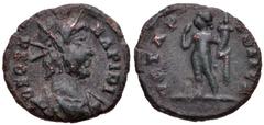 Festival of Isis. Mid 4th century AD. Æ (13mm, 1.12 g, 12h). Rome mint. DEO SA RAPIDI, Radiate and draped bust of Serapis right / VOTA P VBLICA, Harpocrates standing left, raising hand to mouth and ho