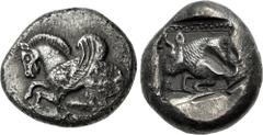 Greek DYNASTS of LYCIA. Uncertain dynast. Circa 480 BC. AR Stater (20mm, 9.30 g, 3h). Uncertain mint. Pegasos flying left / Forepart of a bull left in pellets-in-linear-square frame within incuse squa