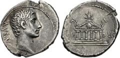 Roman Imperial Augustus. 27 BC-AD 14. AR Denarius (19mm, 3.69 g, 9h). Pergamum mint. Struck 27 BC. Bare head right / Hexastyle temple of Olympian Jupiter on three-tiered base with round shield in pedi