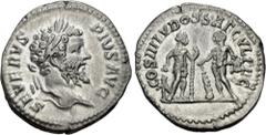 Roman Imperial Septimius Severus. AD 193-211. AR Denarius (18mm, 3.30 g, 6h). Rome mint. Struck AD 204. Laureate head right / COS III LVDOS SAECVL FEC, Liber (Bacchus), wearing leopard's skin, standin