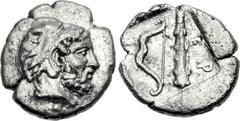 KINGS of MACEDON. Perdikkas III. 365-359 BC. AR Diobol (11mm, 0.93 g, 1h). Bearded head of Herakles right, wearing lion skin / Bow and club; [Π]-EP around; all within shallow incuse square. Westermark
