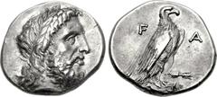 ELIS, Olympia. 108th Olympiad. 348 BC. AR Stater (24mm, 12.11 g, 1h). Laureate head of Zeus right / Eagle standing right on Ionic capital; thunderbolt to right. Seltman, Temple 196-8 var. (dies CM/-; 