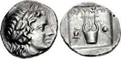 LYCIA, Olympos. Circa 84-77 BC. AR Drachm (14mm, 2.53 g, 1h). “Pseudo-Lycian League” issue. Laureate head of Apollo right; bow and quiver over shoulder / Kithara; helmet to left, sword and shield to r