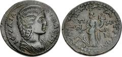 LYDIA, Hypaepa. Julia Domna. Augusta, AD 193-217. Æ (32mm, 14.00 g, 6h). Apol(lodoros) and Atta(los), strategoi. Bareheaded and draped bust right / Tyche standing left, holding rudder and cornucopia. 