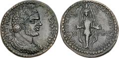 LYDIA, Hypaepa. Caracalla. AD 198-217. Æ (35mm, 21.97 g, 6h). Lucius and Damas, strategoi. Laureate, draped, and cuirassed bust right, seen form behind / Facing cult statue of Artemis Anaïtis. Unpubli