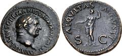 Vitellius. AD 69. Æ As (30mm, 10.76 g, 6h). Rome mint. 1st emission, circa late April-20 December AD 69. Laureate head right / Aequitas standing left, holding scales and scepter. RIC I 125. Good VF, d