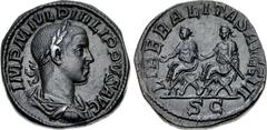 Philip II. AD 247-249. Æ Sestertius (28mm, 19.24 g, 1h). Rome mint, 3rd officina. 11th emission of Philip I, AD 249. Laureate, draped, and cuirassed bust right / Philip I and Philip II seated left on 