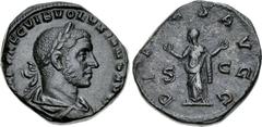 Volusian. AD 251-253. Æ Sestertius (28mm, 16.27 g, 12h). Rome mint, 3rd officina. 4th emission of Trebonianus Gallus, AD 253. Laureate, draped, and cuirassed bust right / Pietas standing left, raising