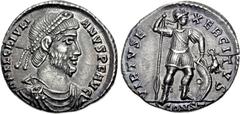 Julian II. AD 360-363. AR Light Miliarense (21mm, 4.54 g, 12h). Arelate (Arles) mint, 2nd officina. Pearl-diademed, draped, and cuirassed bust right / Soldier standing right, holding spear and shield 
