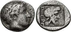 Greek MYSIA, Pergamon. Circa 400 BC. AR Obol (9mm, 0.73 g, 6h). Laureate head of Apollo right / Bearded head right, wearing Persian tiara, within incuse square. Von Fritze, Chronologie, pl. II, 2; SNG