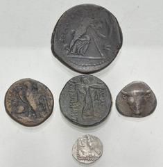 Large Lots GREEK. Miscellaneous. Lot of five (5) silver and bronze issues. Includes: Bruttium, The Bretti. Æ Double Unit – Didrachm // Kings of Macedon. Demetrios I Poliorketes. Æ Unit // Phokaia, Pho