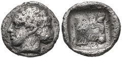 THRACE, Dikaia. Circa 450-425 BC. AR Hemiobol (8mm, 0.35 g, 1h). Head of nymph left / Forepart of bull right; Δ on body; all within incuse suare. Schönert-Geiss, Bisanthe -; Traité IV 1439 corr., pl. 