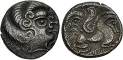 Celtic GAUL, Northwest. Coriosolites. Circa 100-50 BC. BI Stater (19mm, 6.11 g, 3h). Celtic head right, hair in large spiral curls, S-like ear; [pearl strings flowing around] / Stylized charioteer dri